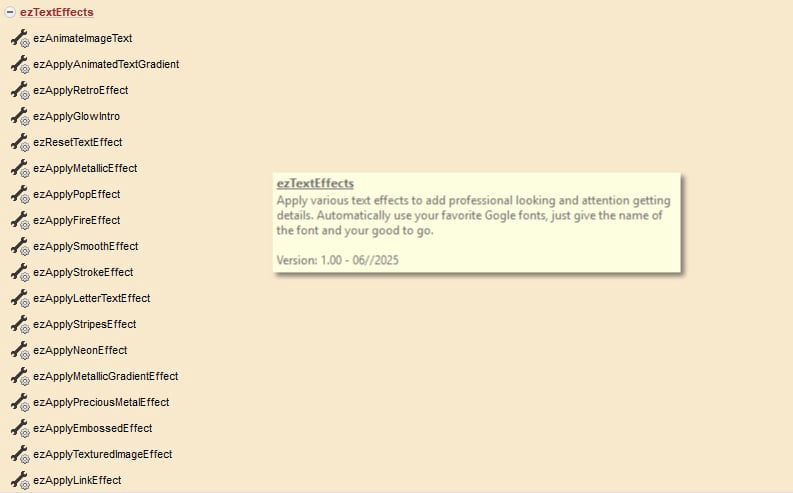 ezTextEffects actions for VisualNeoWeb