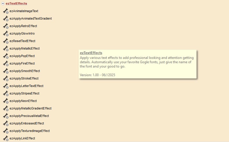 ezTextEffects actions for VisualNeoWeb
